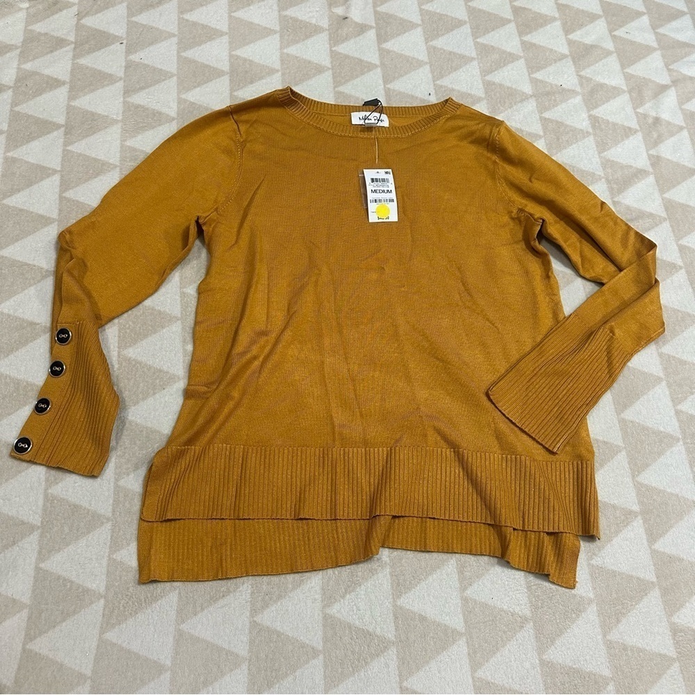 Melissa Paige crewneck sweater golden yellow button sleeve
